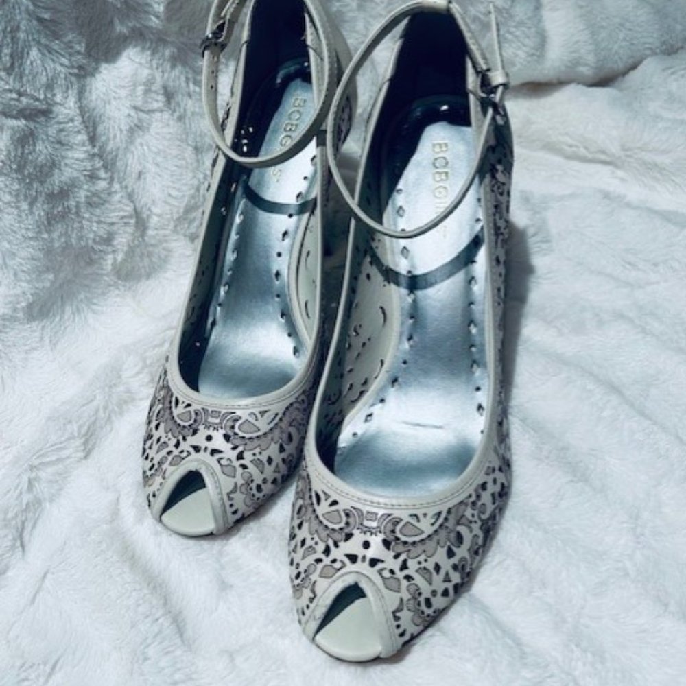 BCBGirls Laser Cutout Leather Ankle Strap Peep Toe High Heel